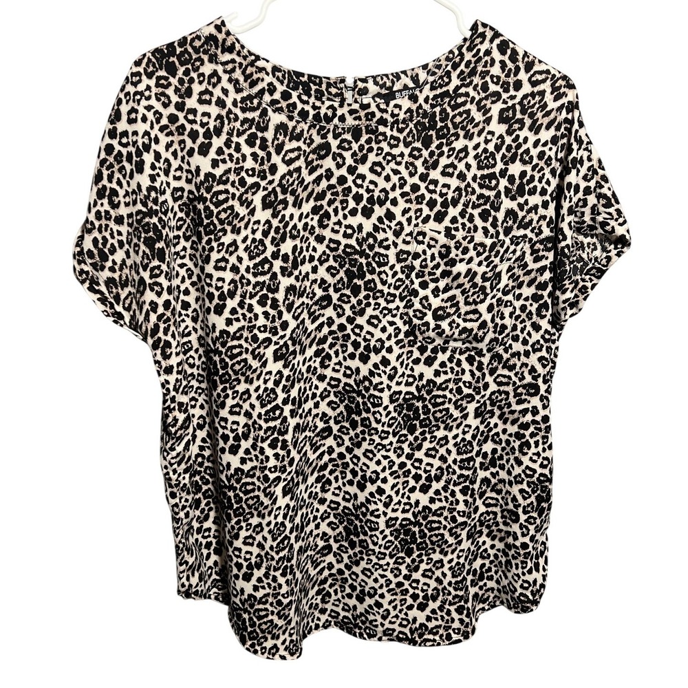Buffalo David Bitton Women's M Leopard Print Blouse Top Rolled Sleeve Pocket